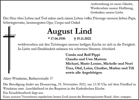 Traueranzeige von August Lind von vrm-trauer Allgemeine Zeitung Alzey