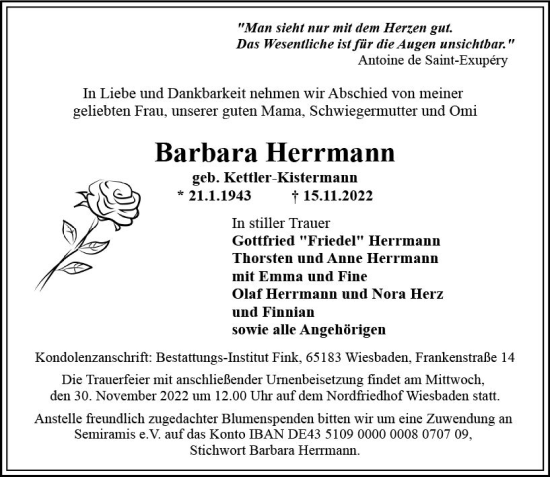 Traueranzeige von Barbara Herrmann von vrm-trauer Wiesbadener Kurier