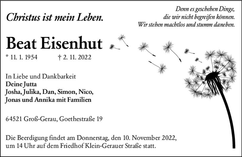  Traueranzeige für Beat Eisenhut vom 05.11.2022 aus vrm-trauer Groß-Gerauer Echo