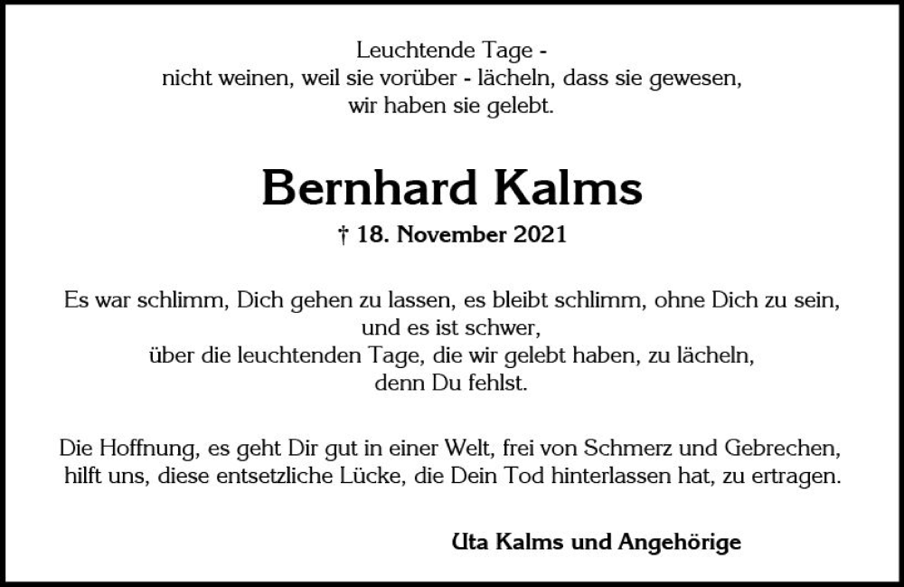  Traueranzeige für Bernhard Kalms vom 18.11.2022 aus vrm-trauer Wiesbadener Kurier