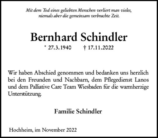 Traueranzeige von Bernhard Schindler von vrm-trauer Hochheimer Zeitung