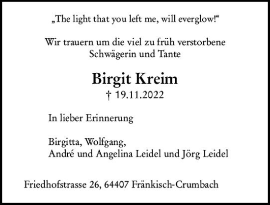 Traueranzeige von Birgit Kreim von vrm-trauer Odenwälder Echo