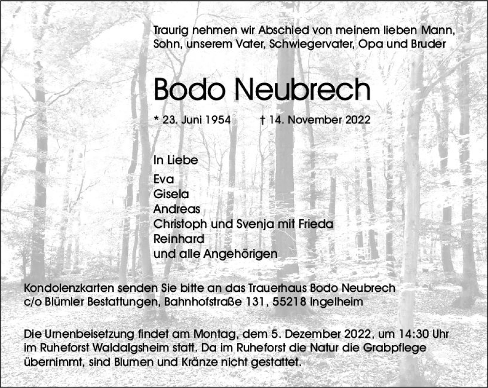  Traueranzeige für Bodo Neubrech vom 26.11.2022 aus vrm-trauer Allgemeine  Zeitung Ingelheim-Bingen