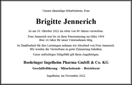 Traueranzeige von Brigitte Jennerich von vrm-trauer Allgemeine  Zeitung Ingelheim-Bingen