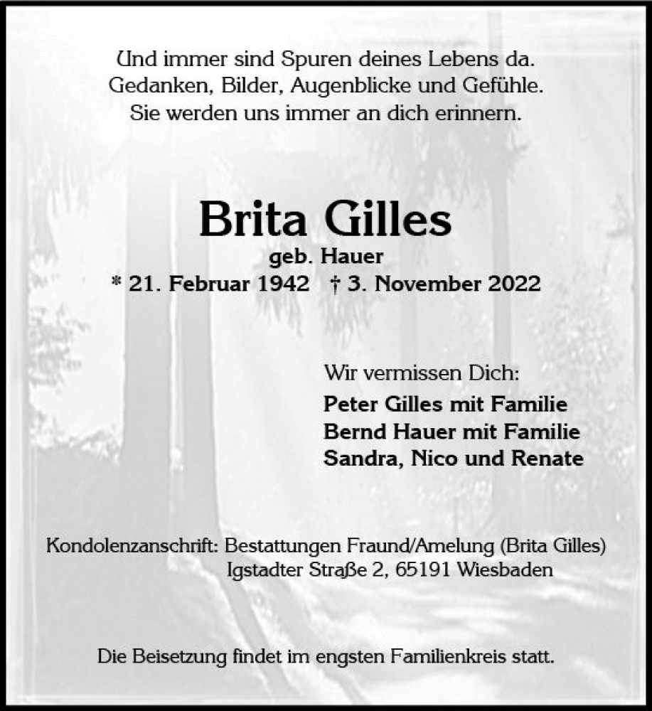  Traueranzeige für Brita Gilles vom 12.11.2022 aus vrm-trauer Wiesbadener Kurier