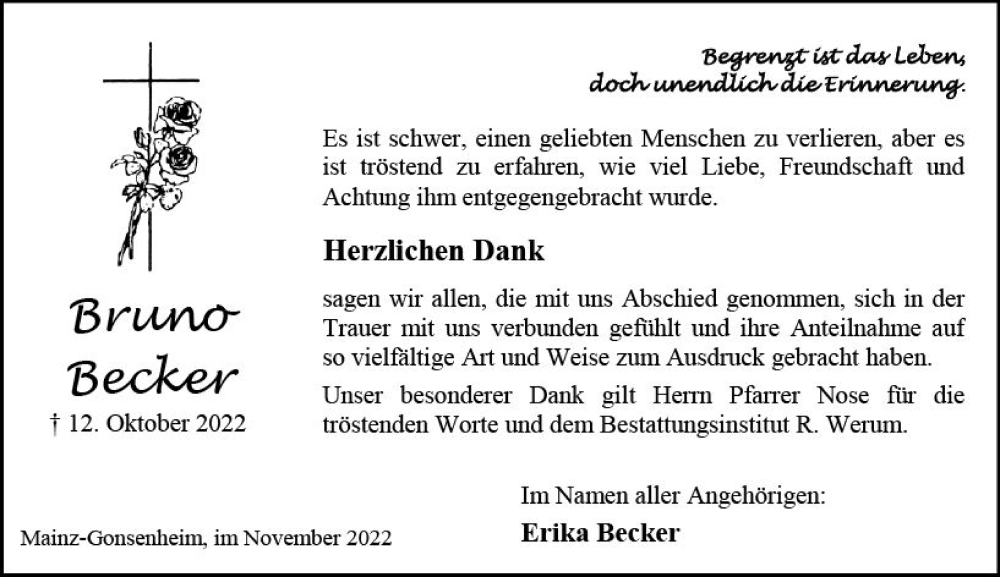 Traueranzeige für Bruno Becker vom 05.11.2022 aus vrm-trauer AZ Mainz