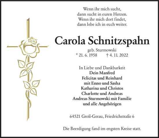 Traueranzeige von Carola Schnitzspahn von vrm-trauer Groß-Gerauer Echo