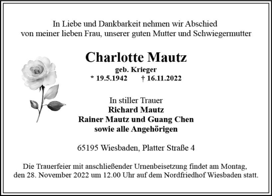 Traueranzeige von Charlotte Mautz von vrm-trauer Wiesbadener Kurier