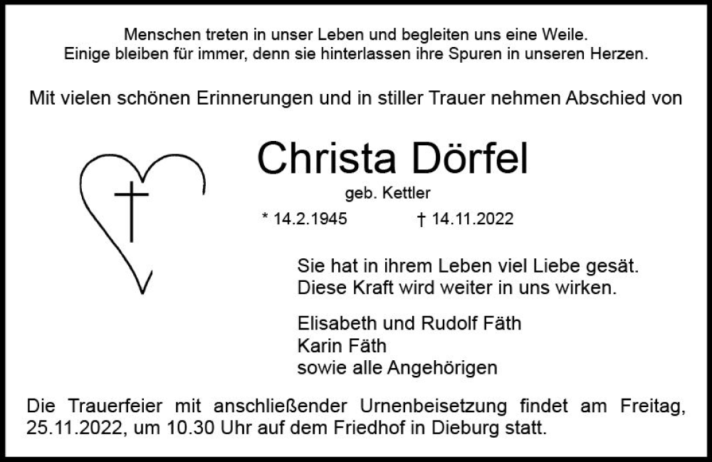  Traueranzeige für Christa Dörfel vom 19.11.2022 aus vrm-trauer DieburgerAnzeiger/Groß-Zimmerner Lokala