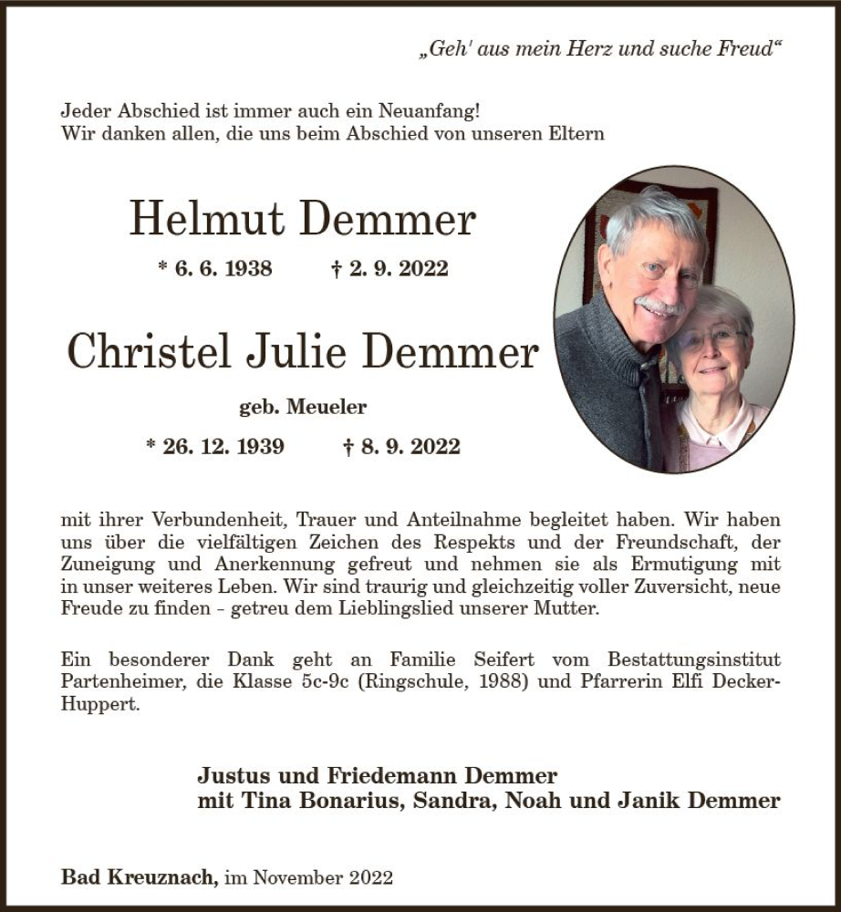  Traueranzeige für Christel Julie Demmer vom 05.11.2022 aus vrm-trauer Allg. Zeitung Bad Kreuznach