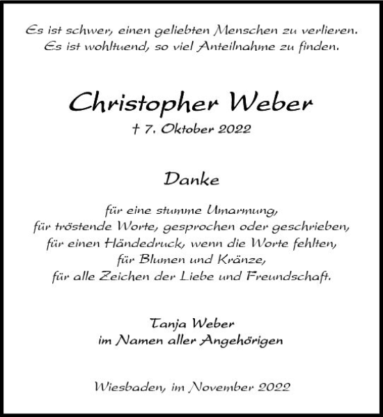 Traueranzeige von Christopher Weber von vrm-trauer Wiesbadener Kurier