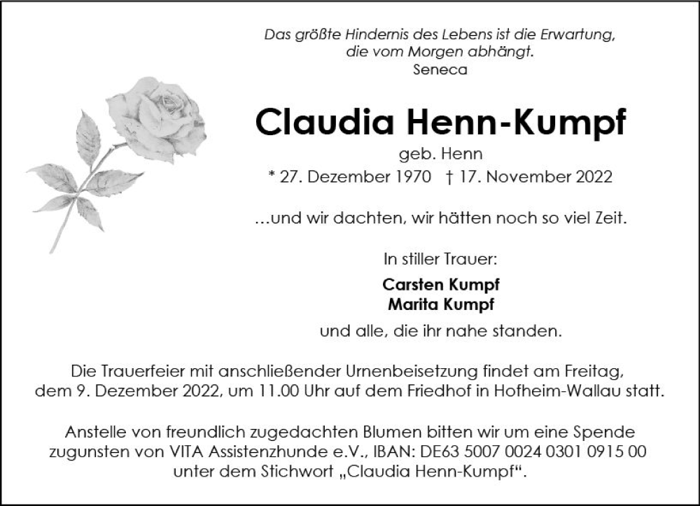  Traueranzeige für Claudia Henn-Kumpf vom 26.11.2022 aus vrm-trauer Wiesbadener Kurier