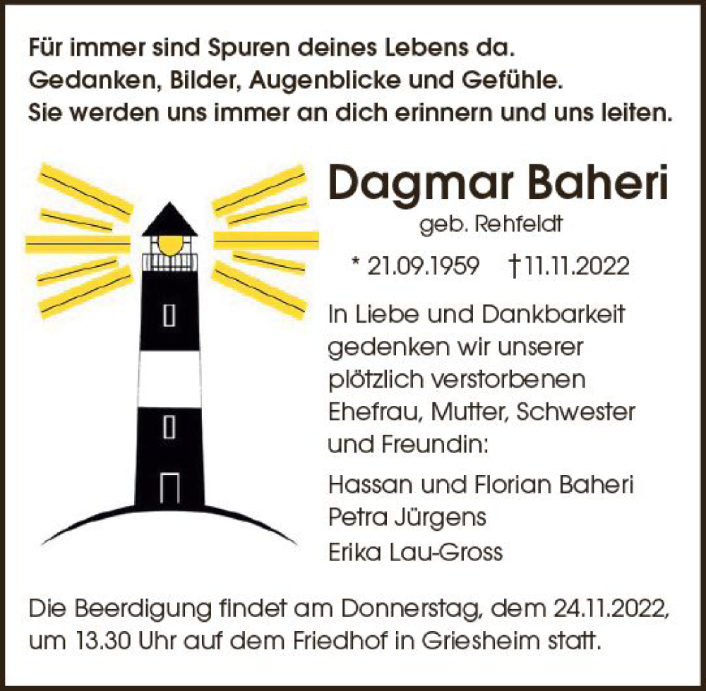  Traueranzeige für Dagmar Baheri vom 19.11.2022 aus vrm-trauer Darmstädter Echo