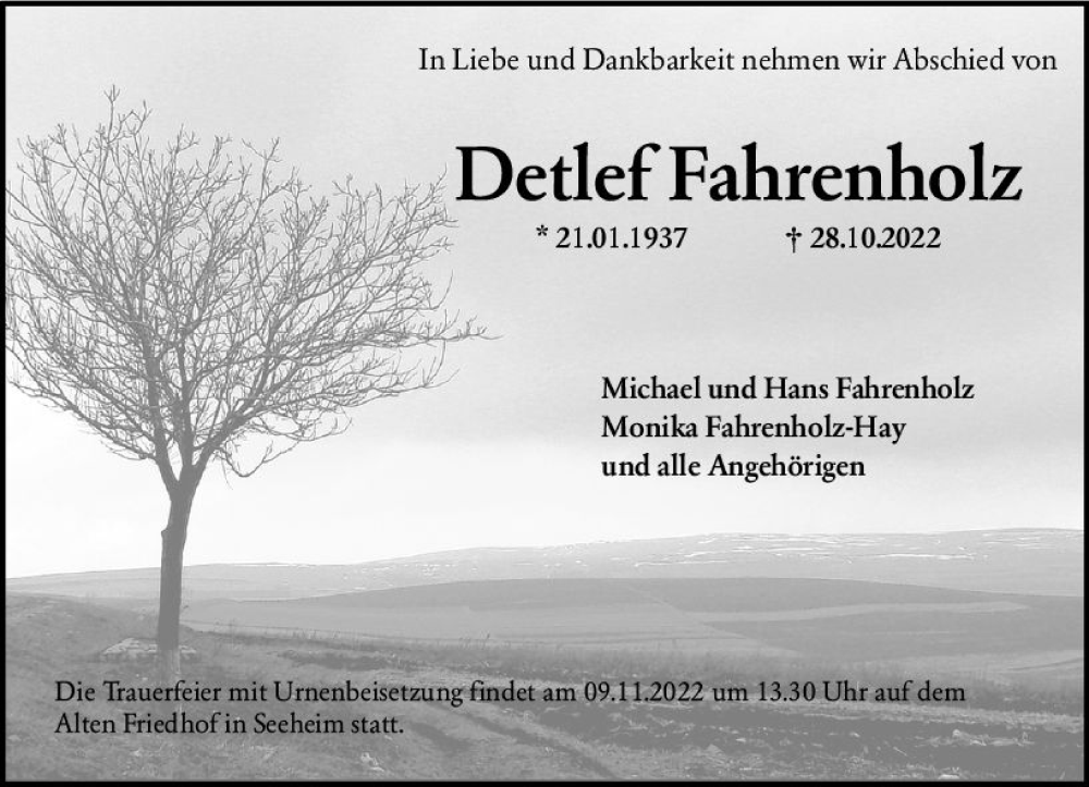  Traueranzeige für Detlef Fahrenholz vom 05.11.2022 aus vrm-trauer Darmstädter Echo