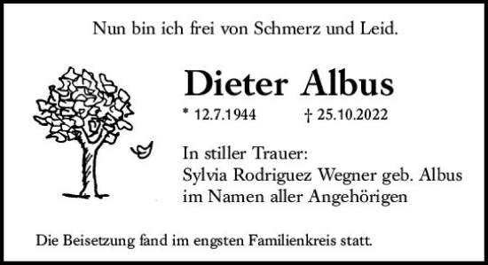 Traueranzeige von Dieter Albas von vrm-trauer Wiesbadener Kurier