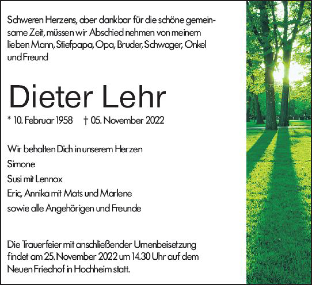  Traueranzeige für Dieter Lehr vom 18.11.2022 aus vrm-trauer Hochheimer Zeitung