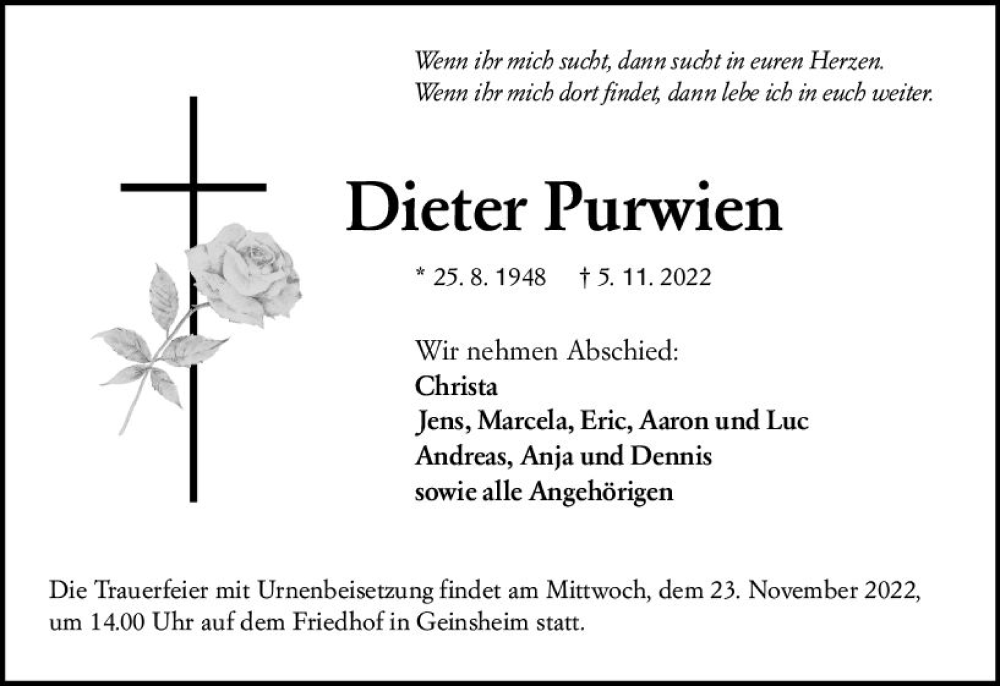  Traueranzeige für Dieter Purwien vom 19.11.2022 aus vrm-trauer Rüsselsheimer Echo / MainSpitze