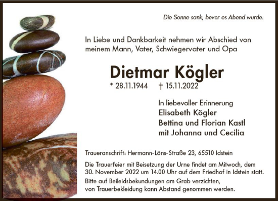 Traueranzeige von Dietmar Kögler von vrm-trauer Idsteiner Zeitung