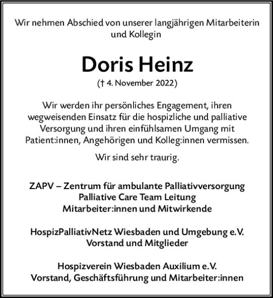 Traueranzeige von Doris Heinz von vrm-trauer Wiesbadener Kurier