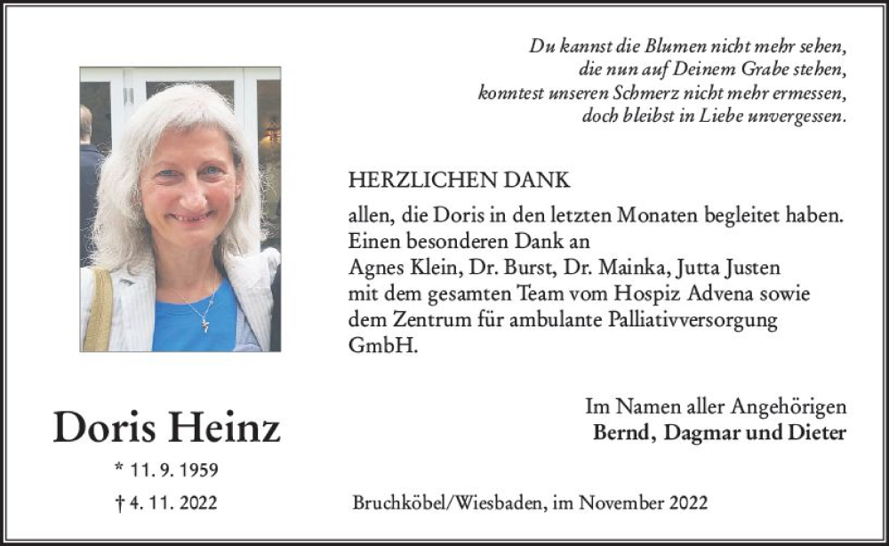  Traueranzeige für Doris Heinz vom 26.11.2022 aus vrm-trauer Wiesbadener Kurier