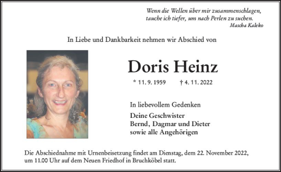 Traueranzeige von Doris Heinz von vrm-trauer Wiesbadener Kurier