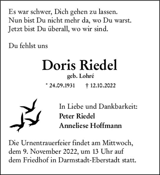 Traueranzeige von Doris Riedel von vrm-trauer Darmstädter Echo