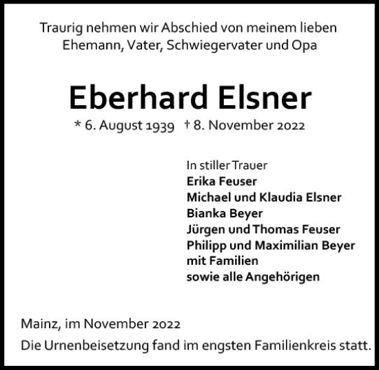 Traueranzeige von Eberhard Elsner von vrm-trauer AZ Mainz