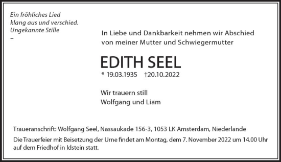 Traueranzeige von Edith Seel von vrm-trauer Idsteiner Zeitung