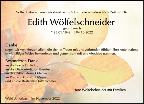 Traueranzeige von Edith Wölfelschneider von vrm-trauer Odenwälder Echo