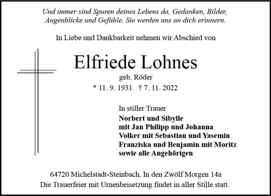 Traueranzeige von Elfriede Lohnes von vrm-trauer Odenwälder Echo