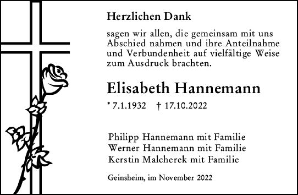  Traueranzeige für Elisabeth Hannemann vom 25.11.2022 aus vrm-trauer Groß-Gerauer Echo