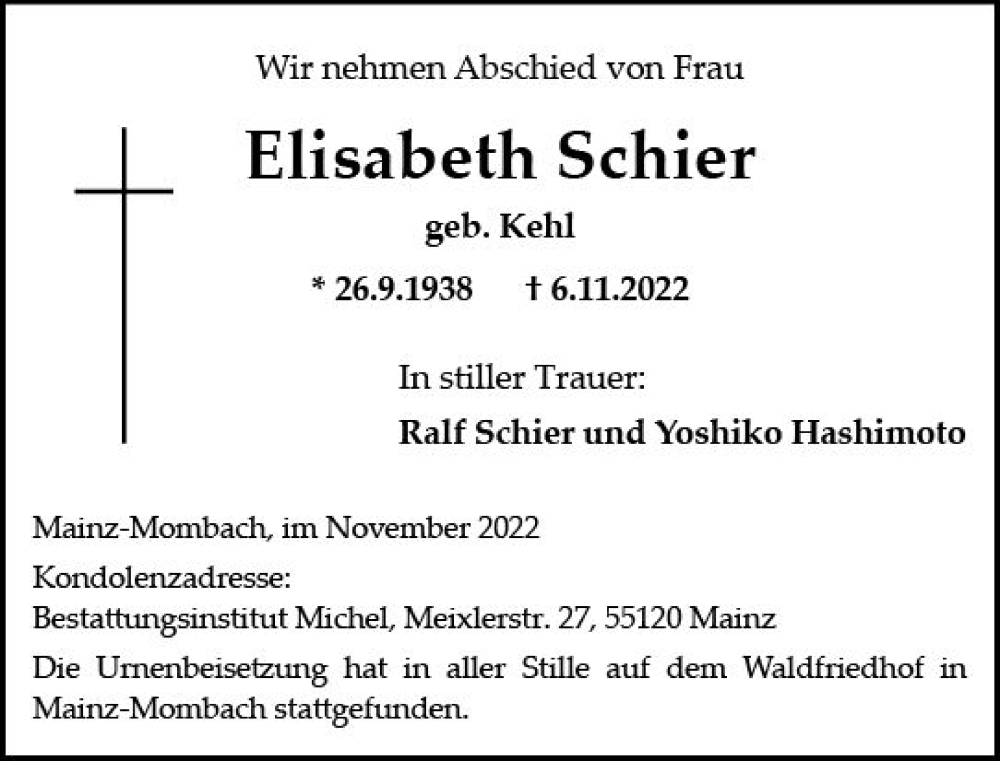  Traueranzeige für Elisabeth Schier vom 26.11.2022 aus vrm-trauer AZ Mainz