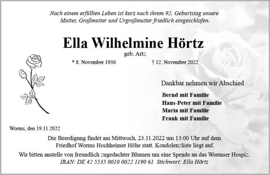 Traueranzeige von Ella Wilhelmine Hörtz von vrm-trauer Wormser Zeitung