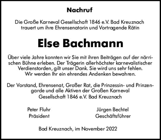 Traueranzeige von Else Bachmann von vrm-trauer Allg. Zeitung Bad Kreuznach