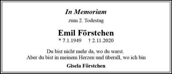 Traueranzeige von Emil Förstchen von vrm-trauer Wiesbadener Kurier