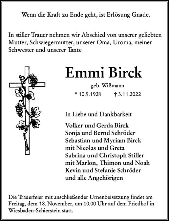 Traueranzeige von Emmi Birck von vrm-trauer Wiesbadener Kurier