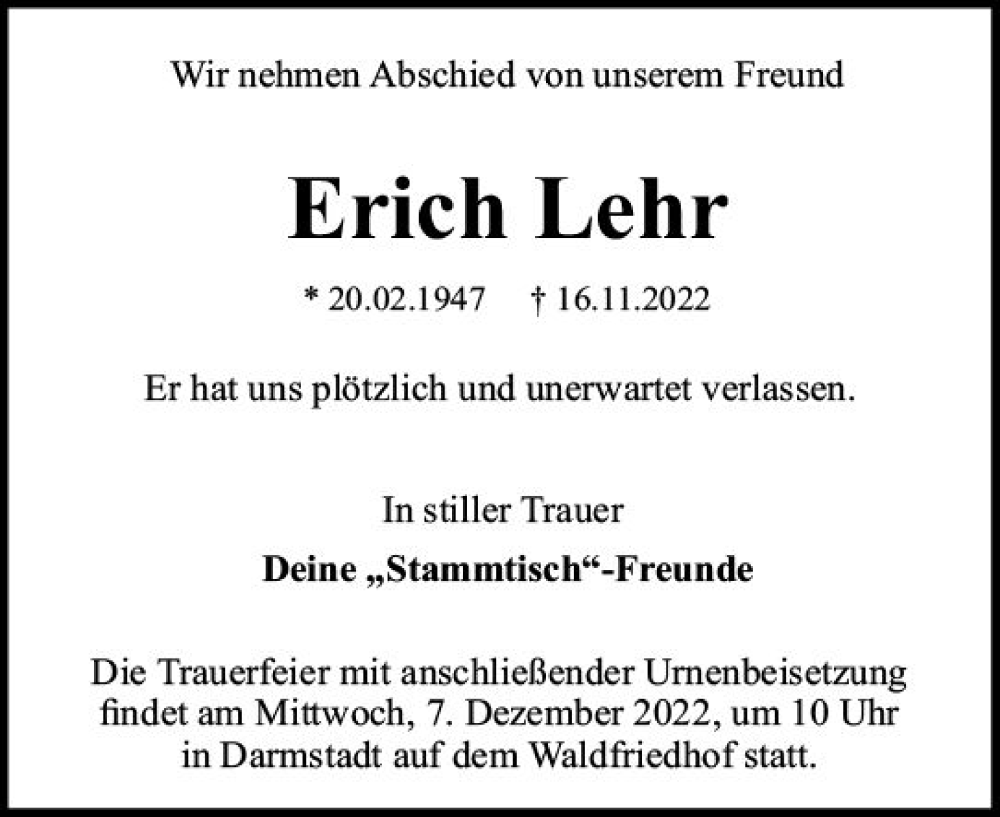  Traueranzeige für Erich Lehr vom 26.11.2022 aus vrm-trauer Darmstädter Echo