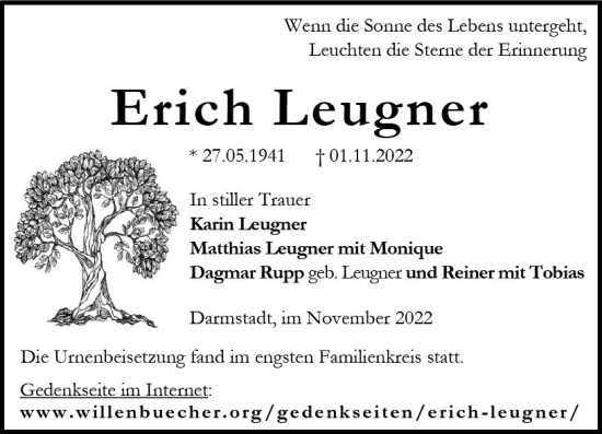 Traueranzeige von Erich Leugner von vrm-trauer Darmstädter Echo