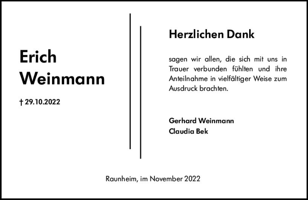  Traueranzeige für Erich Weinmann vom 26.11.2022 aus vrm-trauer Rüsselsheimer Echo / MainSpitze