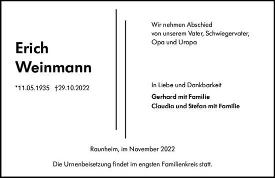 Traueranzeige von Erich Weinmann von vrm-trauer Rüsselsheimer Echo / MainSpitze
