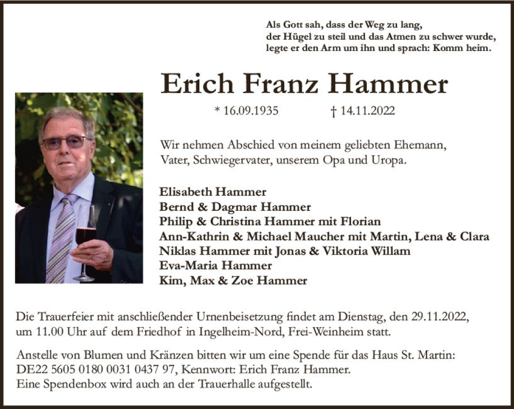  Traueranzeige für Erich Franz Hammer vom 19.11.2022 aus vrm-trauer Allgemeine  Zeitung Ingelheim-Bingen
