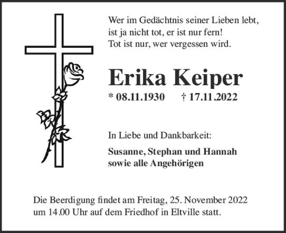  Traueranzeige für Erika Keiper vom 21.11.2022 aus vrm-trauer Wiesbadener Kurier