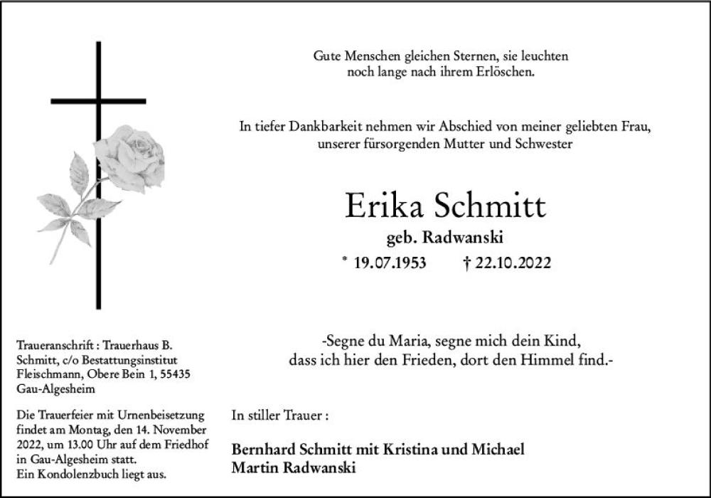  Traueranzeige für Erika Schmitt vom 05.11.2022 aus vrm-trauer Allgemeine  Zeitung Ingelheim-Bingen