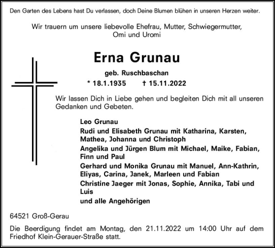 Traueranzeige von Erna Grunau von vrm-trauer Groß-Gerauer Echo