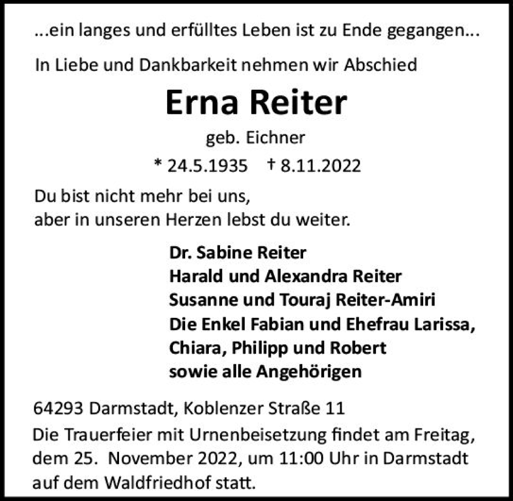  Traueranzeige für Erna Reiter vom 19.11.2022 aus vrm-trauer Darmstädter Echo