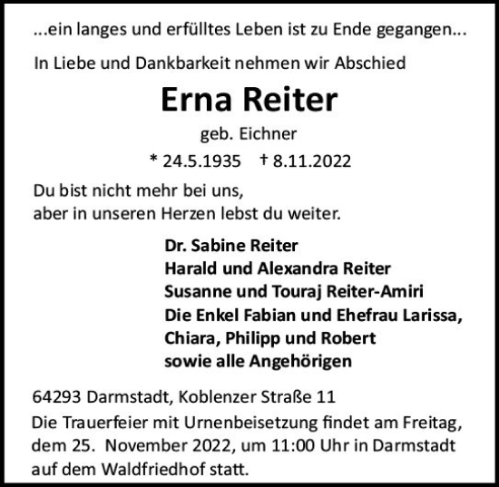 Traueranzeige von Erna Reiter von vrm-trauer Darmstädter Echo