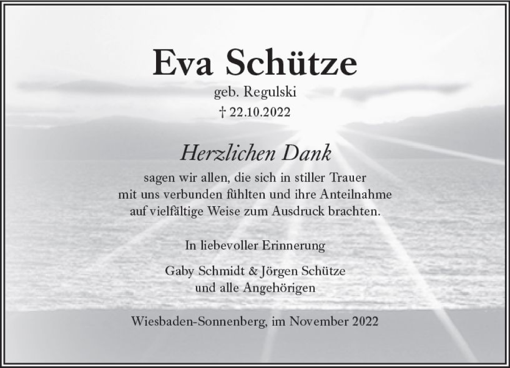 Traueranzeige für Eva Schütze vom 26.11.2022 aus vrm-trauer Wiesbadener Kurier