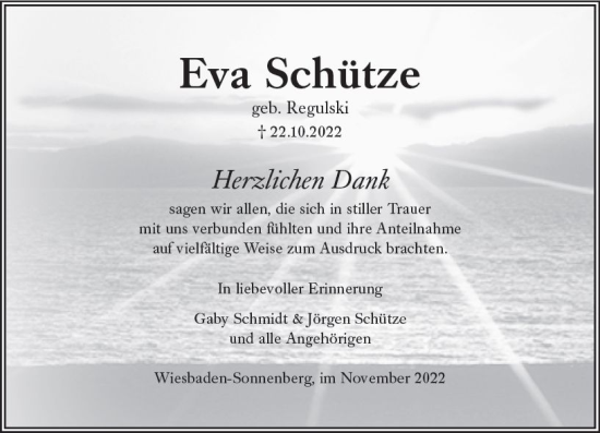 Traueranzeige von Eva Schütze von vrm-trauer Wiesbadener Kurier