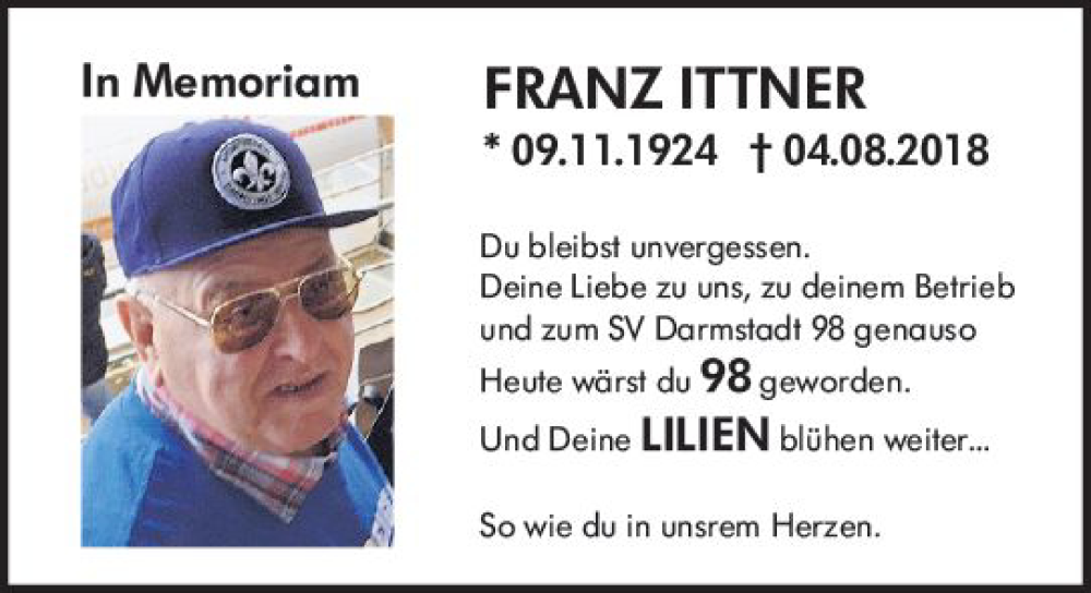  Traueranzeige für Franz Ittner vom 09.11.2022 aus vrm-trauer Darmstädter Echo
