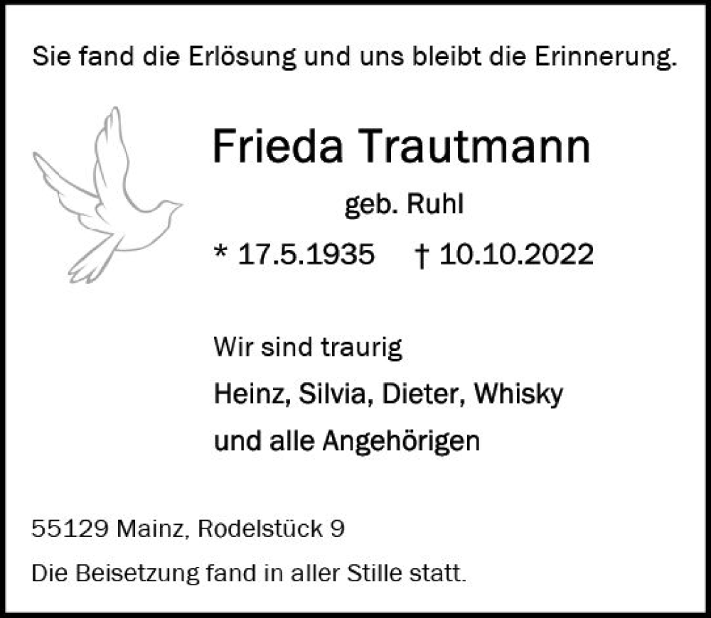  Traueranzeige für Frieda Trautmann vom 05.11.2022 aus vrm-trauer AZ Mainz